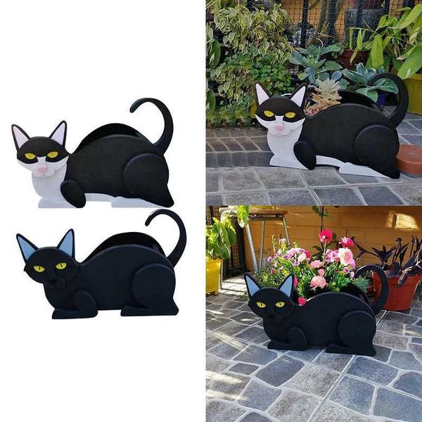 Planters Pots Cat Flower Planter Wooden Cats Flowerpot Garden Grow Flowers Container Animal Statue Sculpture Home Garden Decoration H241206