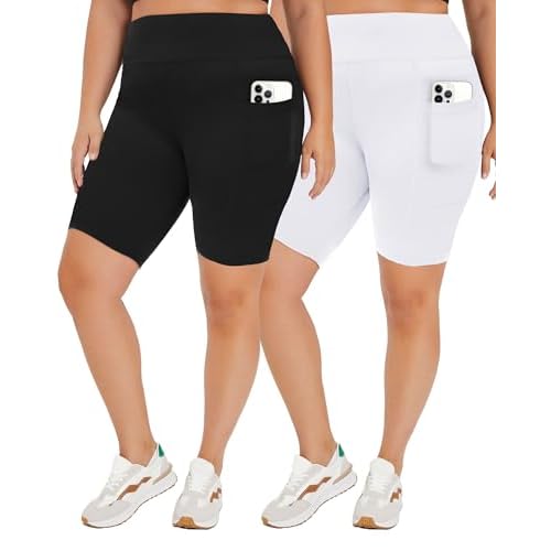 TNNZEET 2 Pack Plus Size Biker Shorts for Women - 8" Black High Waisted Tummy Control Spandex Workout Shorts (XL-4XL) XX-Large Black-White（2 Pockets