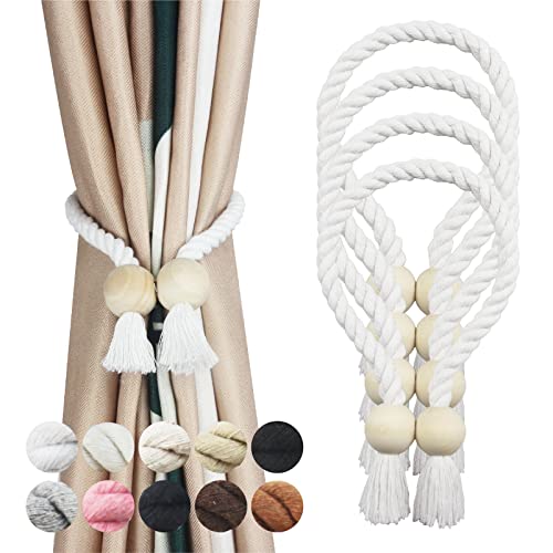 4 Pack White Magnetic Curtain Tiebacks Cotton Hand Woven Tieback Holdback Decorative Tie Backs for Drapes with Wooden Buckle No Tools Required White 4