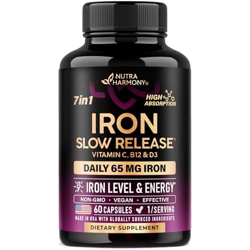 Iron Supplement for Women - Iron 65mg (Ferrous Sulfate 325mg) - Stomach Friendly | Slow Release Iron | High Absorption - Vitamins C, D3, B6, B12 & Fol
