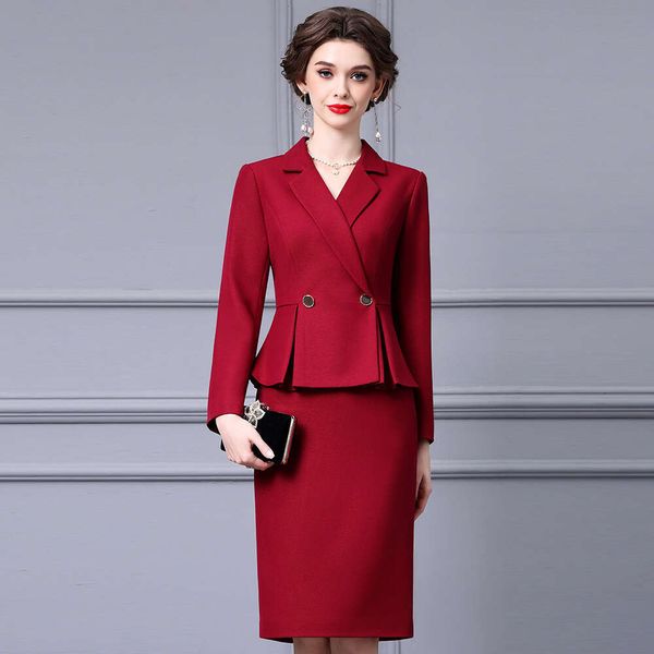 Wine Red New Years Robe Annual Meeting Christmas Set Suit Collar Splicing Fake Two Piece Hip Pack Skirt Dress Self-cultivation Oversize Dres