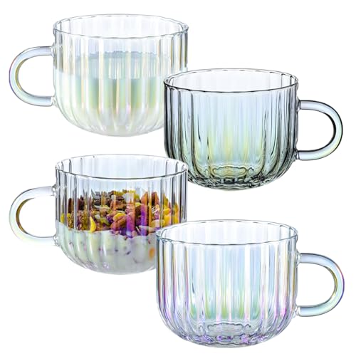 4pcs Vintage Iridescent Glass Coffee Mugs-Seamless Design, 15 Oz Ribbed Glass Mugs with Handle, Lead-Free Coffee Cups for Latte, Cereal, Yogurt, Hot-C