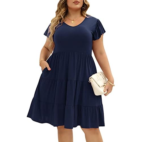 Celkuser Womens Plus Size Casual Summer Dresses Ruffle Sleeve Tiered Swing Midi Dress with Pockets 14 Plus Navy