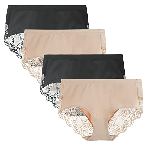 LIQQY Women's 4 Pack High Rise Underwear Combed Cotton Brief Breathable Lace Full Coverage Panty Small Black-Nude