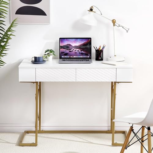 Garvee Modern White Home Office Desk with Storage Drawers and Charging Station, 42 Inch Computer Desk, Matte White Tabletop, Gold Frame, USB Ports, AC