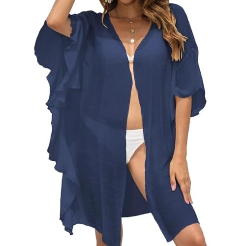 Ferand Women's Ruffled Sheer Swimsuit Beach Cover Up Lightweight Summer Cardigan for Swimwear One Size Navy Blue