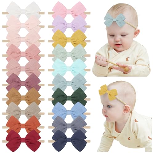 jollybows 20pcs Baby Girls Nylon Hair Bows Headbands Linen Bands Elastic Accessories for Baby Girls Infants preemie and Newborn Kids 5- 20PCS netural