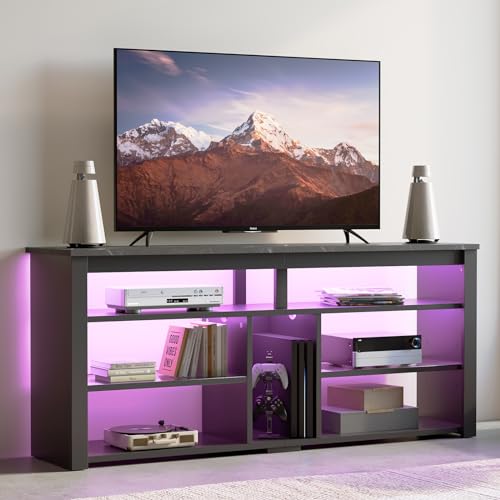 Bestier LED Tall Entertainment Center, 55-60-65 inch TV Stand with Storage for PS5 Xbox, Adjustable Shelf Media Console for Living Room, Black Marble