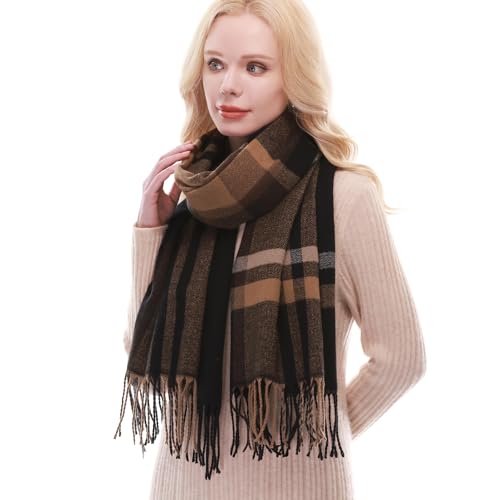 RIIQIICHY Plaid Scarf for Women Fall Winter Pashmina Scarves Wraps for Cold Weather Warm Large Black-Tan-Grey