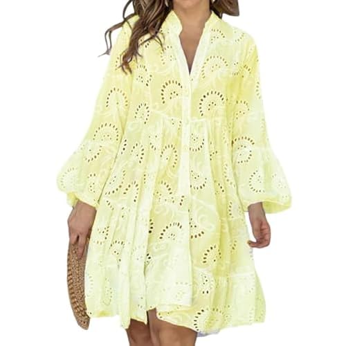 Women Summer Eyelet Lace Midi Dress V Neck Bell Sleeve Flowy Babydoll Casual Beach Dress Yellow Medium