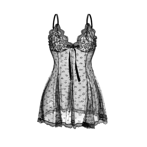 Women's Sheer Lace Babydoll Nightgown, Heart Print, Black, Floral Trim,S-5XL Medium Black