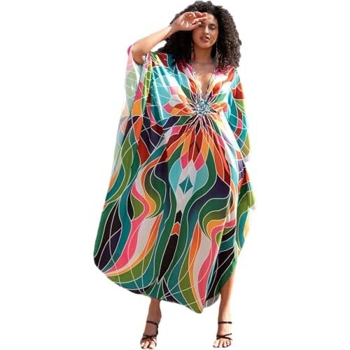 Wave Neck Swimsuit Cover Up Caftan Dress - Plus Size, Oversized, Long Beach Dress 8774-19 X-Large