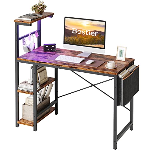 Bestier Computer Desk with LED Lights, Gaming Desk with 4 Tier Shelves, 44 Inch Office Desk with Storage Bag & Printer Shelf (Rustic Brown) 44 Inch Ru