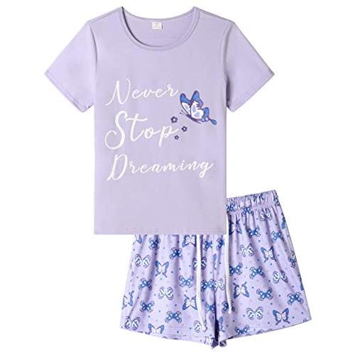 VENTELAN Pajama Set For Women Cute PJS Summer Short Sleeve Shorts Sleepwear X-Small Purple