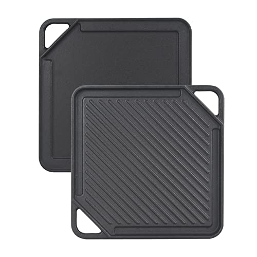 GasSaf Cast Iron Reversible Griddle, Double Sided Grill Pan Perfect for Stove Tops and Gas Grills, 10 Inch x 10 Inch 10" x 10"