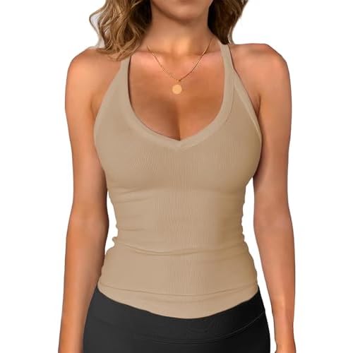 iGENJUN Womens Spaghetti Strap V-Neck Ribbed Tank Tops for Women 2025 Slim Fitted Soft Camisole Basic Layering Shirts Small Beige
