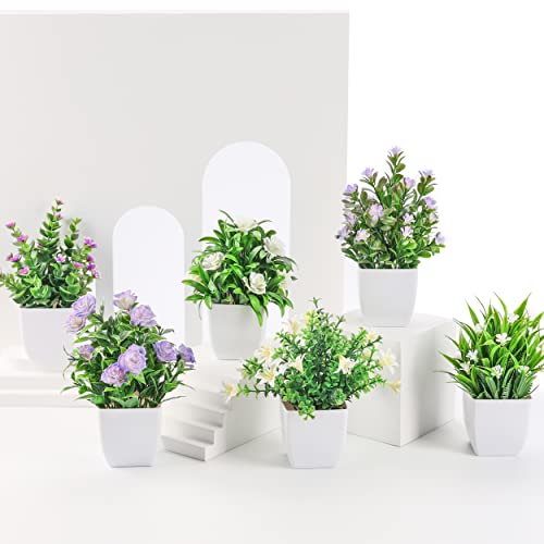 Der Rose 6 Pack Small Fake Plants Mini Artificial Faux Plants with Flowers for Home Room Farmhouse Bathroom Decor Indoor 6-color