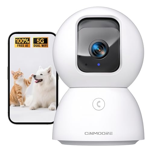 CINMOORE 5G Security Camera Indoor w-Lifetime Free AI Detections & Face ID, 3K Pet-Dog Camera with Speaker-Phone App, PTZ WiFi Baby Monitor for Home S