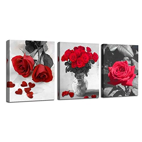 Ardemy Flower Bathroom Canvas Wall Art Red Rose Wall Decor Living Room Floral Wall Pictures for Bedroom Dining Kitchen Panels 12"x16"x3 12"x16"x3 Pane