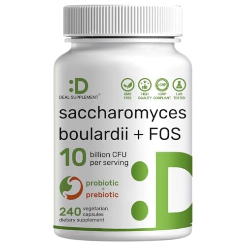 Saccharomyces Boulardii Probiotics + FOS Supplement, 10 Billion CFU, 240 Veggie Capsules – Probiotic & Prebiotic for Women & Men – Gut, Immune & D