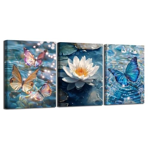 Ardemy Butterfly Wall Art Set for 3，White Lotus Flower Pond Canvas Wall Art Picture for Living Room Bedroom Kitchen Home Office Wall Decor, 12"x16"