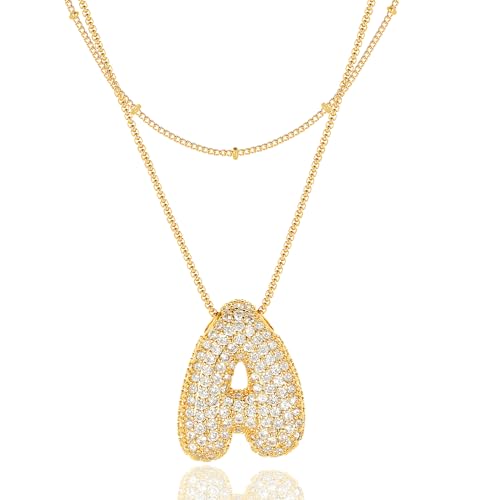 Bubble Letter Necklace Gold for Women，Layered Plated Initial Pendant Puffy Zircon Name Personalized Necklaces Fashion Jewelry for Gifts Letter S