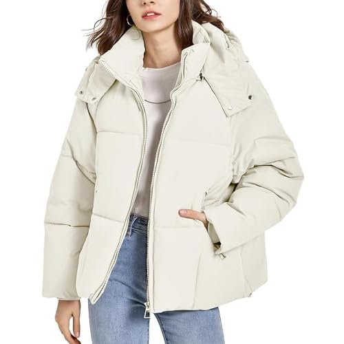 Womens Lightweight Puffer Jacket Full Zip Quilted Hooded Winter Down Coat Windproof Warm Bubble Coat with Pocket White X-Large