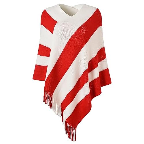 Ferand Women's Striped Poncho Sweater Cozy Knit Fringe Shawl Wraps for Fall Winter Red & White