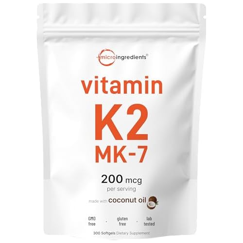 Micro Ingredients Vitamin K2 MK-7 Supplement, 200 mcg Per Serving, 300 Coconut Oil Softgles | Easily Absorbed, Active Menaquinone Form | Immune, Joint