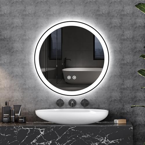Garvee LED Bathroom Mirror 24x24 Inch Black Frame + Front & Backlight + 3 Colors Dimmable + Anti-Fog + Wall Mounted + Makeup, Shaving