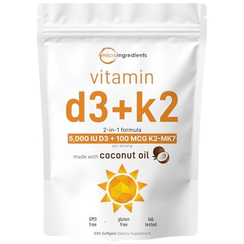 Micro Ingredients Vitamin D3 5,000 IU + K2 MK-7 100 mcg, 300 Softgels | Virgin Coconut Oil | 2-in-1 Bone, Immune & Heart Support | Easy to Swallow, No