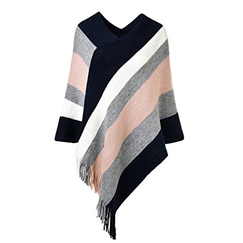 Ferand Women's Striped Poncho Sweater Cozy Knit Fringe Shawl Wraps for Fall Winter Navy Blue & Pink