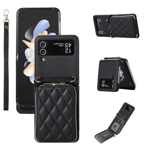 for Samsung Galaxy Z Flip 3 Zipper Wallet Case with Card Holder, 4 Card Slots Large Capacity and Multiple Style Lanyards.(Black) Black Samsung Galaxy