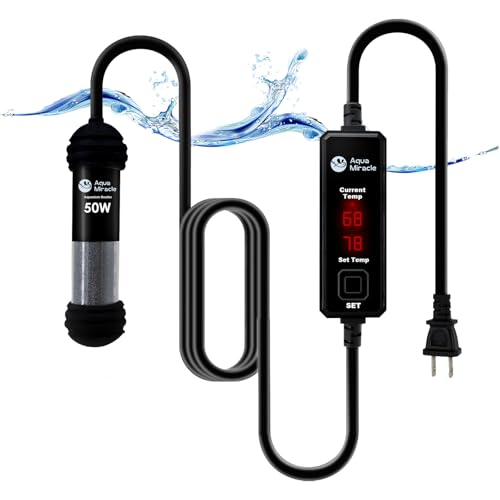 AquaMiracle Upgraded 50W Small Aquarium Heater Fish Tank Heater Turtle Heater Super Mini Aquarium Heater, Dry-Run-Overheating Protection and Memory Fu