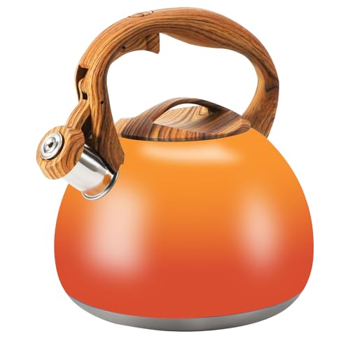 Tea Kettle Stovetop, 3.2Qt Stainless Steel Tea pots with Wood Grain Handle Food Grade Whistling Tea kettle,Induction-Gas Stoves (Orange-Red Gradient)
