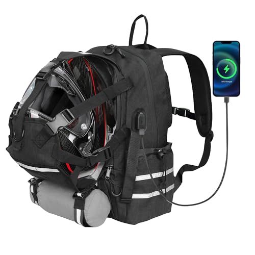 Motorcycle Helmet Backpack Bag for Men-Women, Large Capacity Biker Backpack with Reflective Strips-USB Charging Port, Helmet Carrier for Riding Travel
