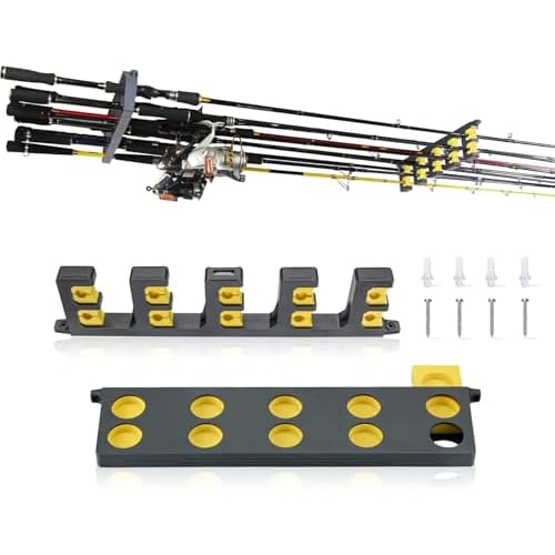 Booms Fishing Rod Holder for Garage: Wall Mount Fishing Pole Holders for Garage | Fishing Rod Rack Holds Up to 10 Rods, Vertical-Horizontal-Ceiling Fi