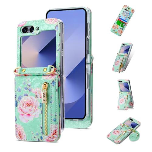 for Samsung Galaxy Z Flip 6 Flower Credit Card Holder Wallet Case with Strap, Rose Pattern Crossbody Purse Floral Kickstand for Women, Cute and Charmi