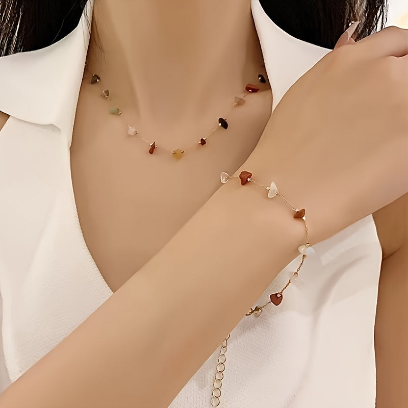 TEMU Stylish Natural Stone Beaded Dopamine Accessory Necklace And Bracelet Set For - Elegant, Unique, And Luxurious Casual Attire, For Teenager
