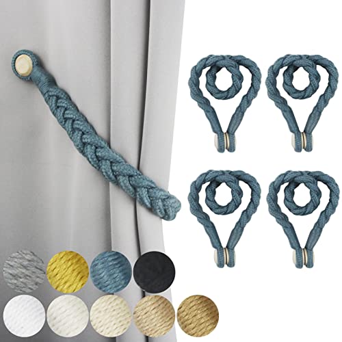 4 Pack Magnetic Soft Curtain Tiebacks Cotton Hand-Woven Tieback Holdback Home Decorative Tie Backs with Wooden Buckle for Home Office Decor (Blue, 4)