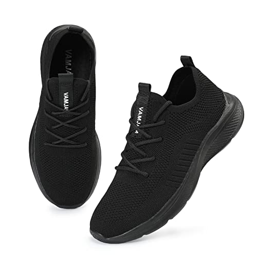 VAMJAM Men's Running Shoes Fashion Sneakers Lightweight Breathable Flying Knitting Lace Up Mesh Walking Shoes Workout Casual Sports Shoes 7 Allblack02