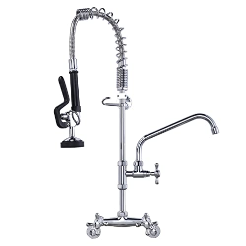 26" Height Commercial Kitchen Faucet Wall Mount with Pre-Rinse Sprayer, 4" to 9" Adjustable Center with Humanized Handle Design & 10" Add-on Swing Spo