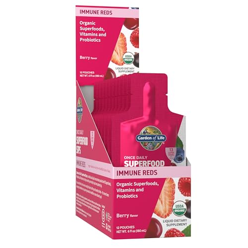 Garden of Life Superfoods Sips, 12 Single Serve Pouches, Vitamins, Probiotics, 13 Organic Superfoods, Functional Mushrooms, Immune Reds, Once Daily, O
