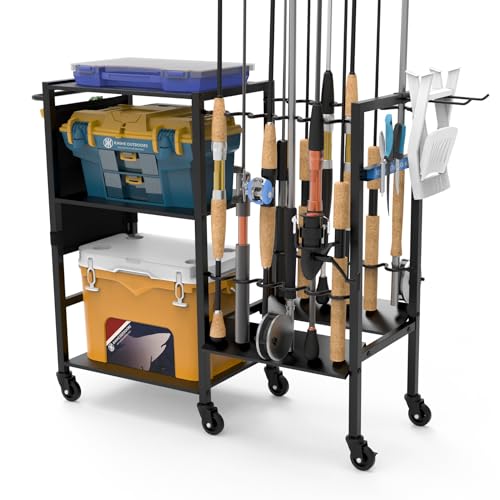 KNINE OUTDOORS Garage Fishing Pole Holders - 12 Rod Holders, 3 Layers of Storage Space for Fishing Gear and Equipment