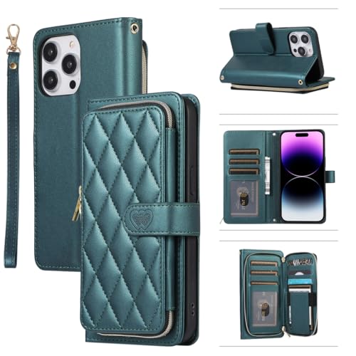 for iPhone 15 Pro Max Zipper Wallet Case with Card Holder, 9 Card Slots Large Capacity and Multiple Style Lanyards.(DarkGreen) DarkGreen iPhone 15 Pro