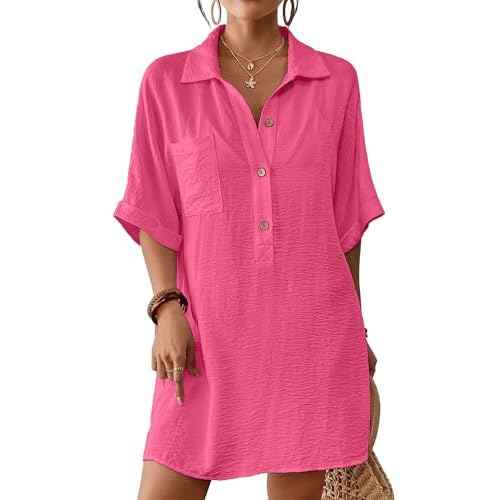 Bsubseach Cover Ups for Swimwear Women Short Sleeve Beach Swimsuit Coverup Loose Shirt Dress 2025 Vacation Outfits Pink Large