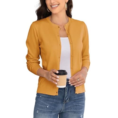 Women's Crew Neck Button Down Long Sleeve Cardigan for Women Classic Soft Knit Ladies Cardigan Sweater Coat Large Turmeric