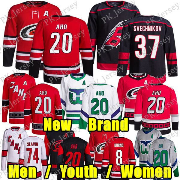 #20 Sebastian Aho New Brand hockey jersey #37 Andrei Svechnikov Brent Burns Frederik Andersen Staal Martin Necas Ron Francis Seth Jarvis Jac