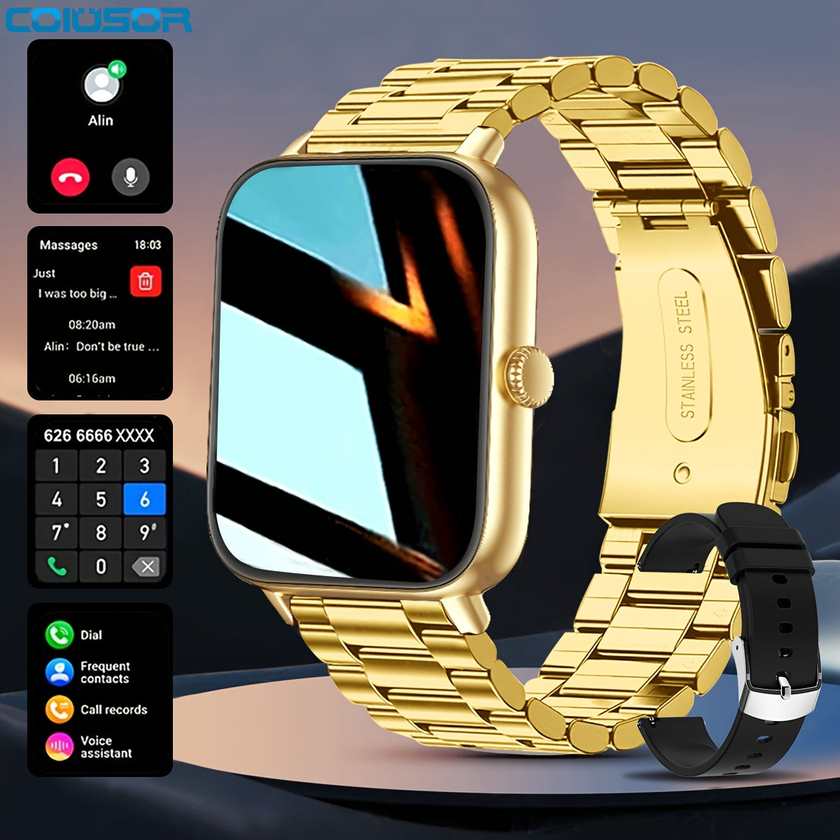 TEMU Coiusor 1.83-inch Smartwatch Golden With Golden Metal Band, 100 , Step Counter, Call & Message Handling, Music Control, Weather Display, ,