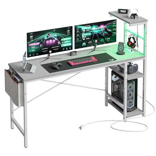 Bestier Gaming Desk with Power Outlets, 61 Inch Large Led Gamer Desk with 4 Tiers Reversible Shelves, PC Gaming Table with Headset Hook & Side Storage